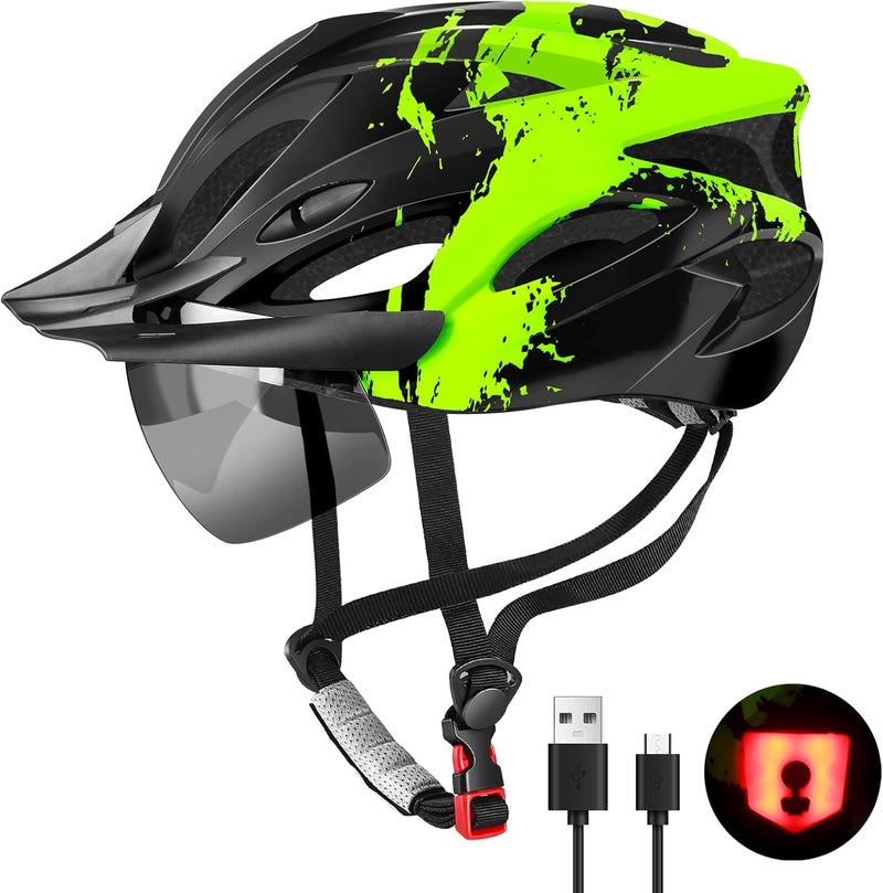 TADPOLE Bike Helmet with USB Rechargeable LED Light Detachable Goggles and Sun Visor, Mountain & Road Bicycle Helmets for Men Women Adult Cycling Helmets - Image 1